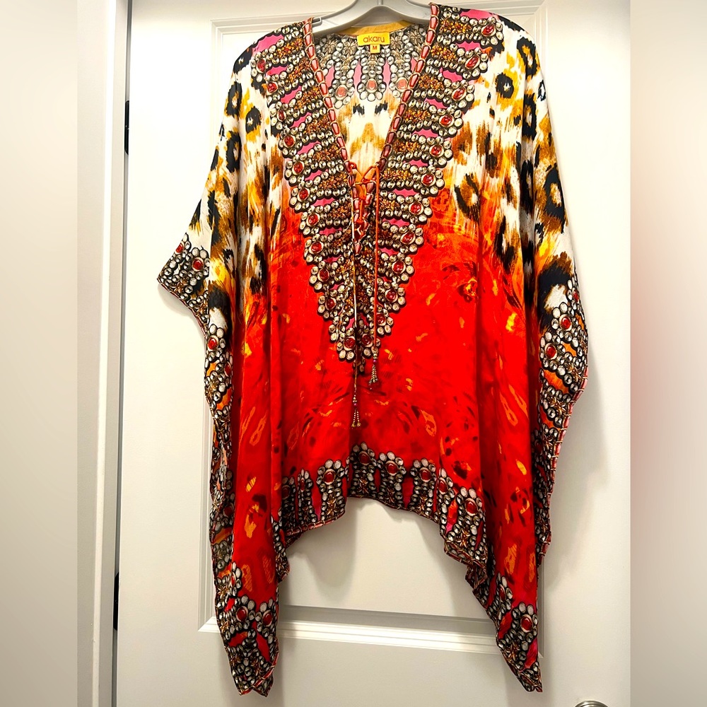 Womens Orange Print Kaftan Beach Cover Up / Tunic XL